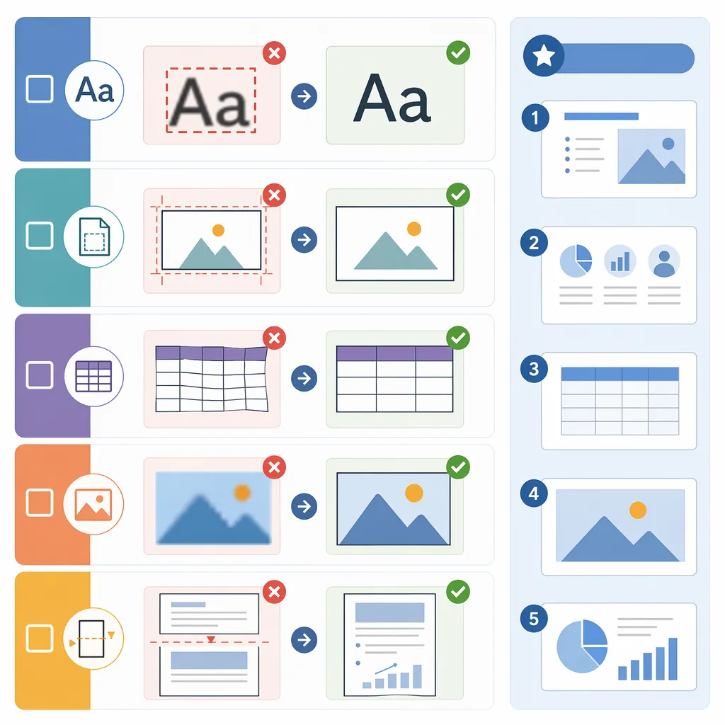 Checklist infographic for post-conversion PPT review: font issues, page size, table distortion, imag