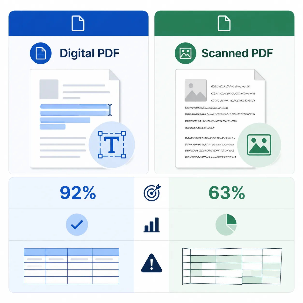 A clean infographic comparing two panels: “Digital PDF” vs “Scanned PDF”, showing selectable text ic