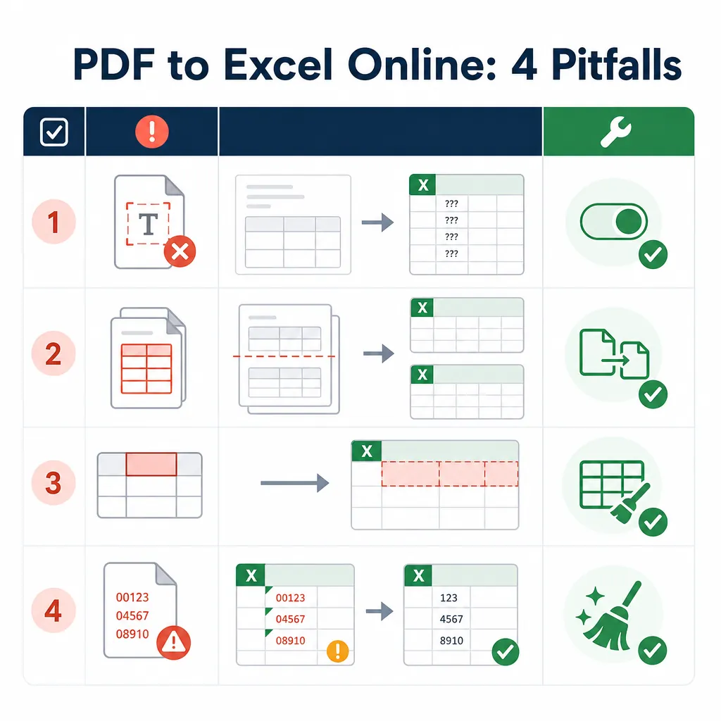 Checklist-style infographic titled “PDF to Excel Online: 4 Pitfalls”, with icons for OCR off, multi-