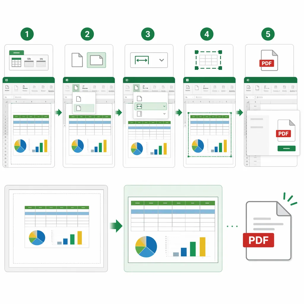 Step-by-step flow diagram for Excel to PDF settings: Page Layout > Orientation (Landscape) > Scale t