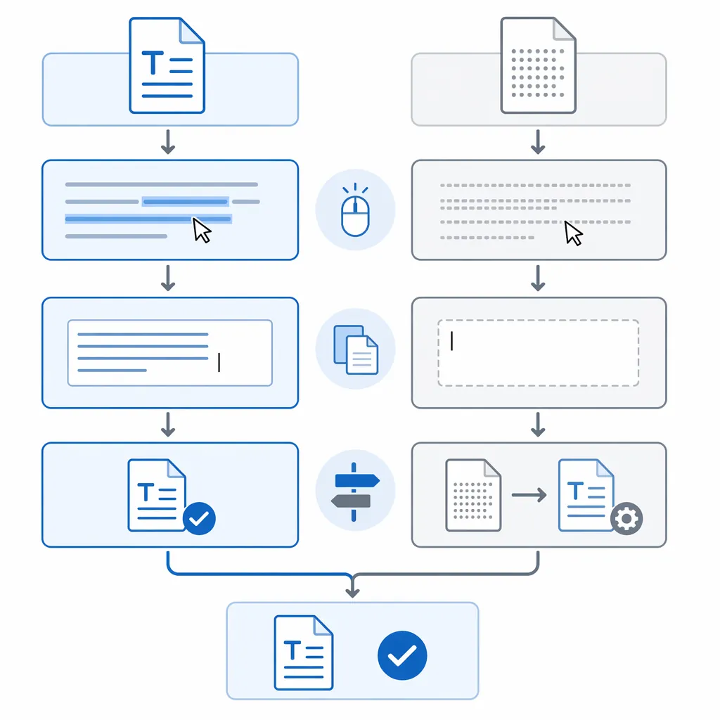 Minimal infographic flowchart comparing text-based PDF vs scanned PDF identification, showing mouse 