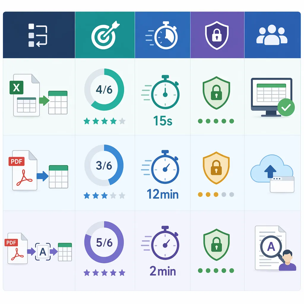 Comparison table infographic with three methods (Excel import, PDF-to-Excel converter, OCR first), c