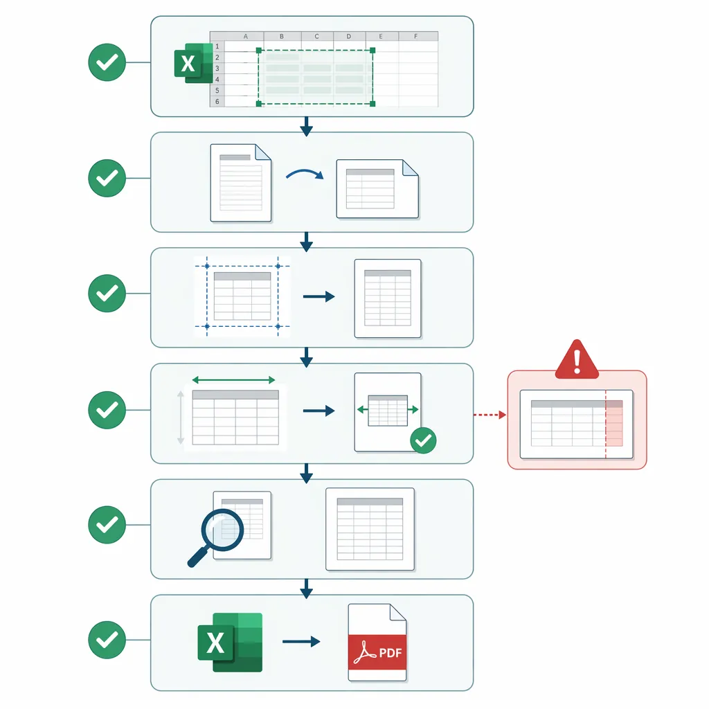 Checklist flowchart for exporting Excel to PDF: set print area, orientation, margins, scaling to 1 p