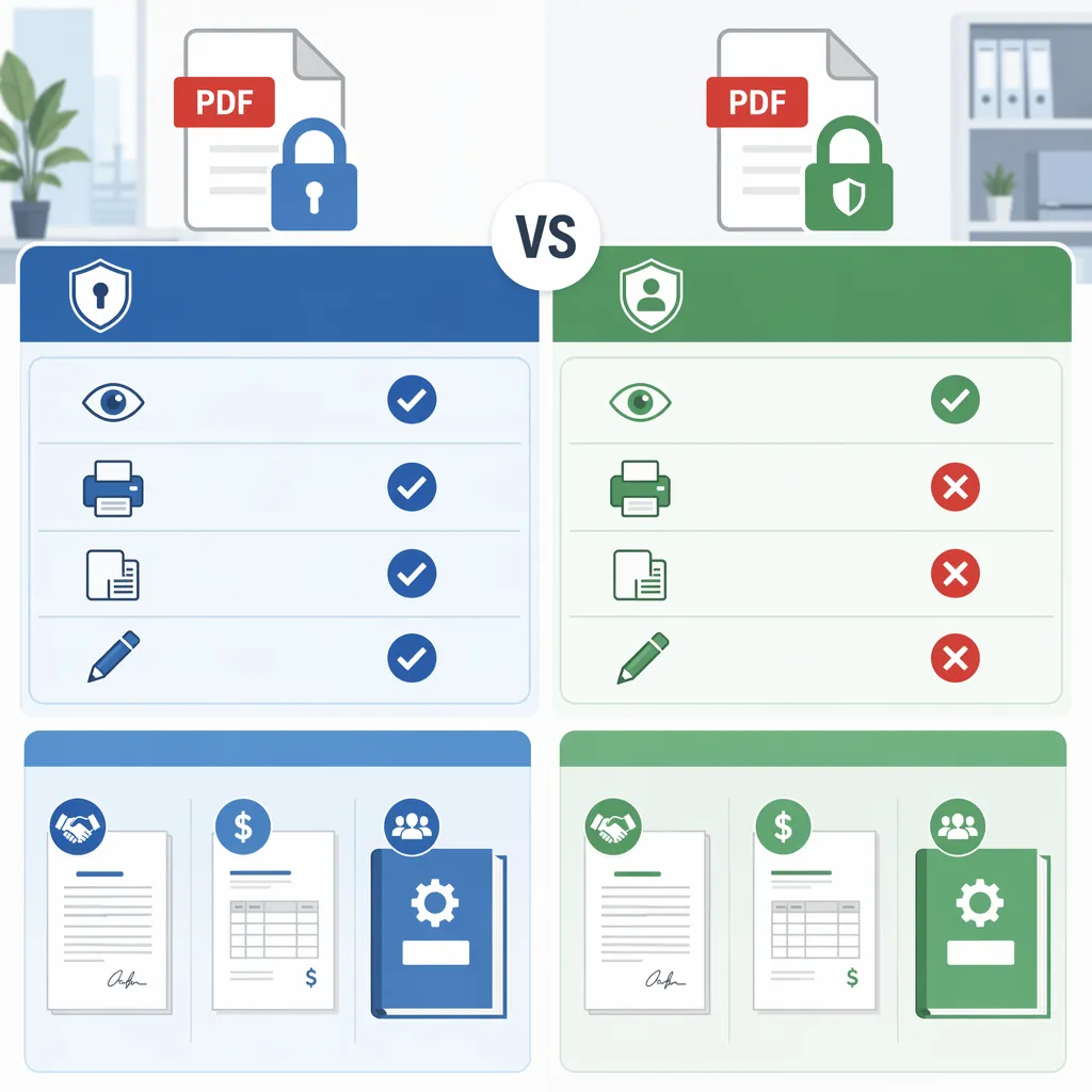 Comparison infographic of two PDF protection types: Open Password vs Permissions Password, with icon