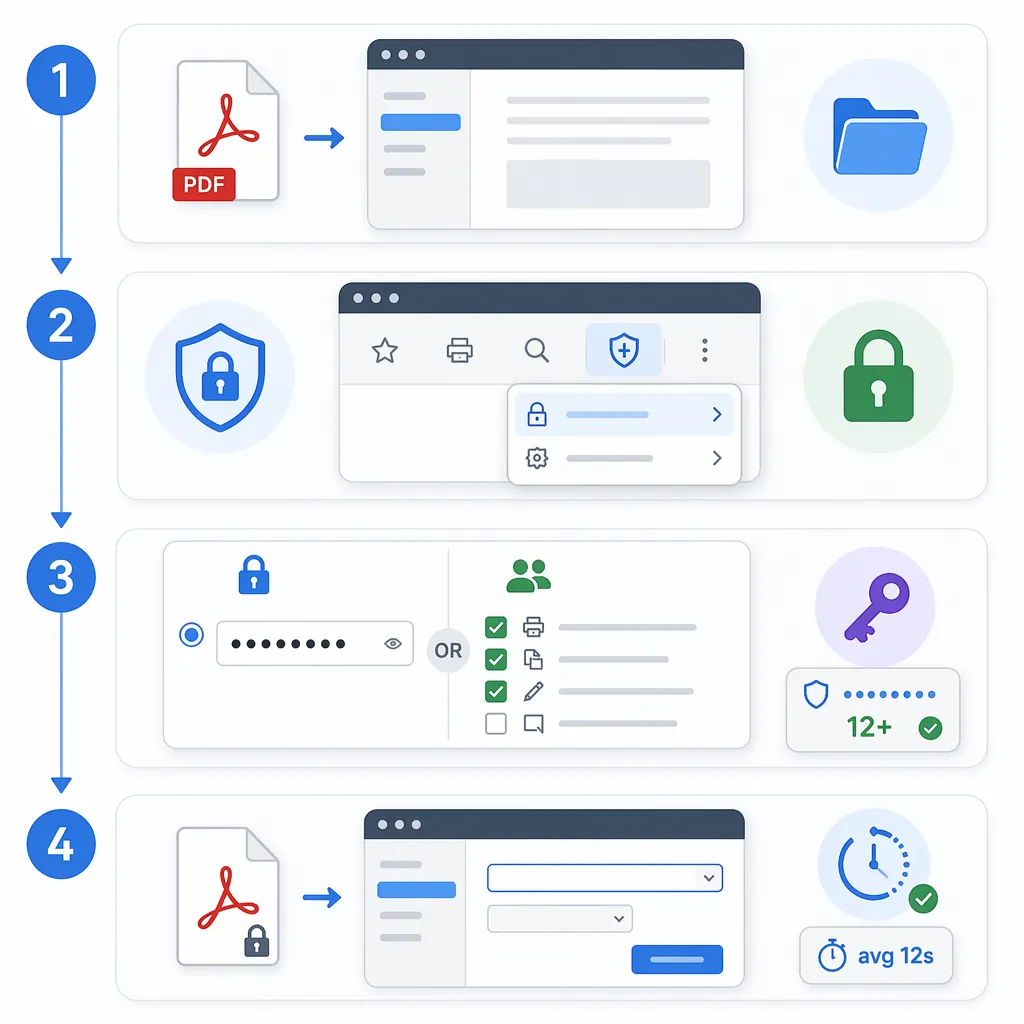 Step-by-step UI style flowchart for encrypting a PDF: Open file → Protect/Encrypt → Choose Open Pass