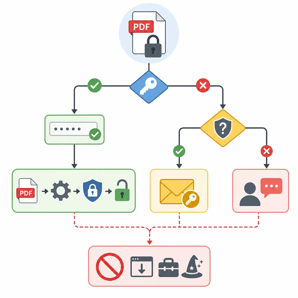 Decision tree diagram for removing PDF encryption: Do you know password? yes → open → security setti