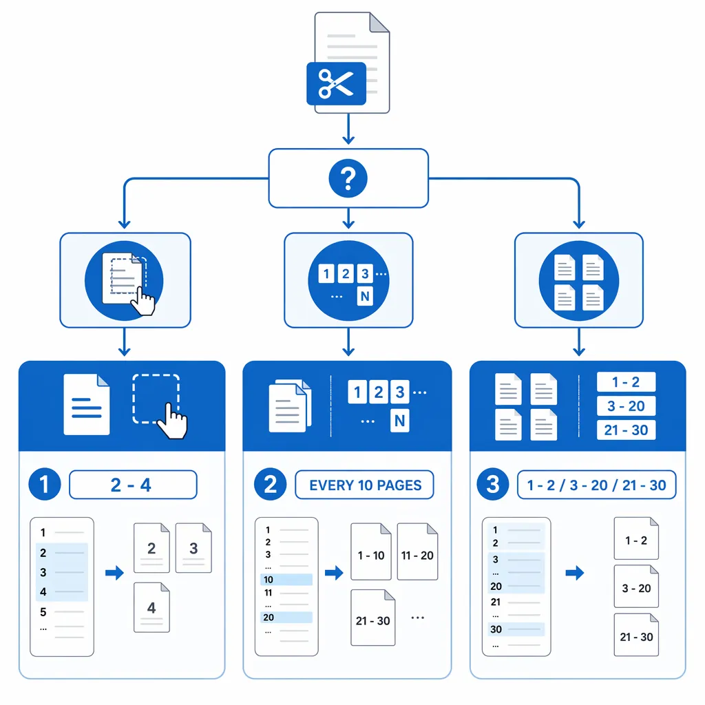 A clean infographic decision flowchart for PDF split needs: extract specific pages, split every N pa