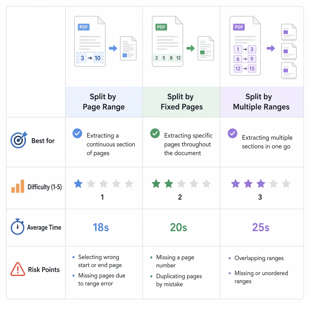 Comparison table infographic of 3 PDF split methods: by page range, by fixed pages, by multiple rang