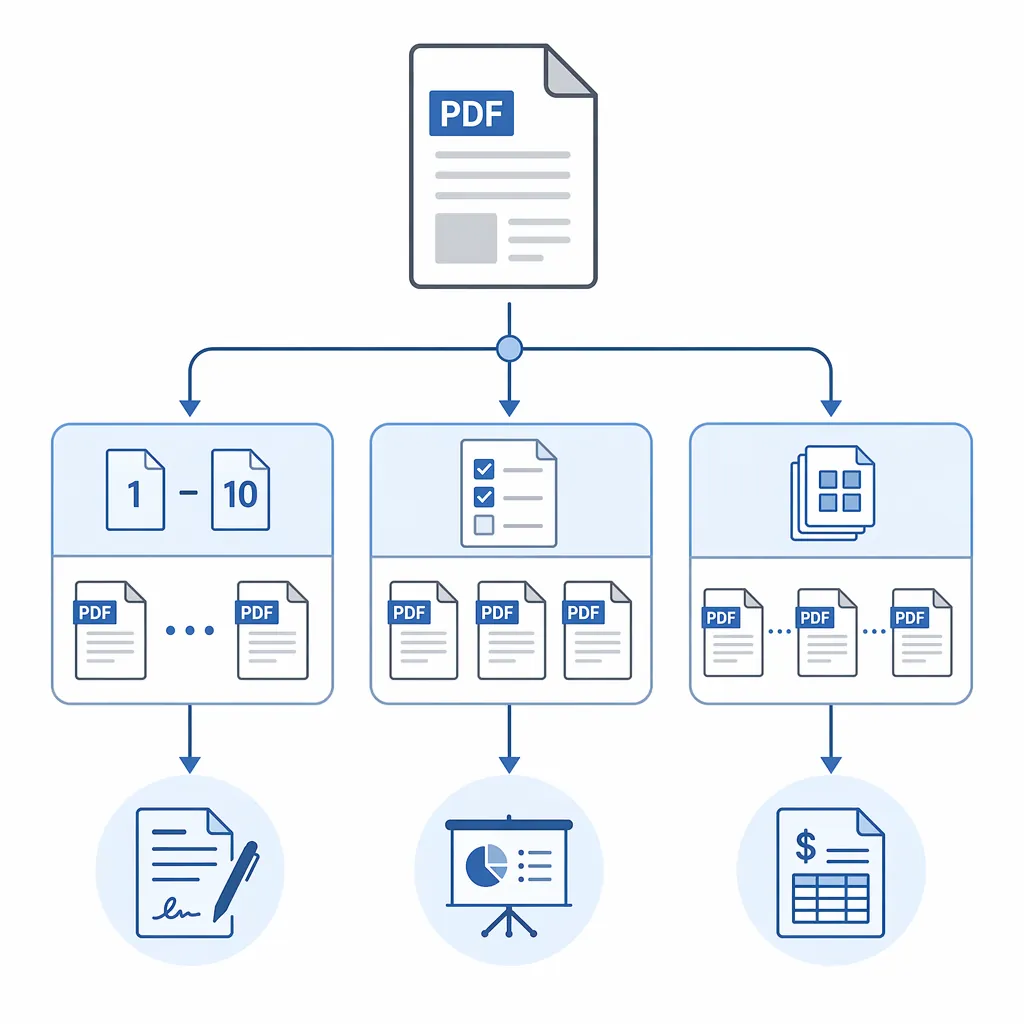 A clean decision flowchart infographic for PDF splitting with three branches: split by page range, e