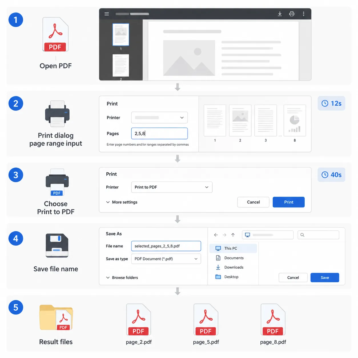 A step-by-step UI style infographic with 5 panels: Open PDF, Print dialog page range input “2,5,8”, 