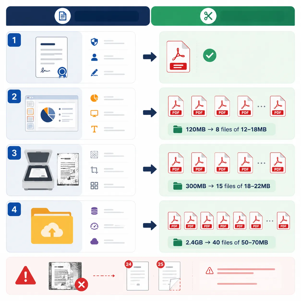A comparison infographic showing 4 scenarios (contract, slides, scanned archive, large file) mapped 