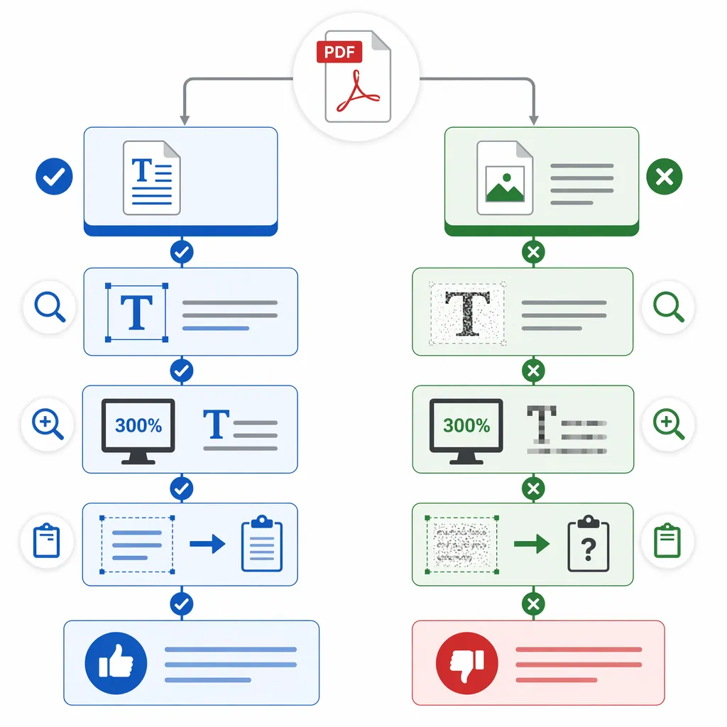 A clean infographic flowchart comparing text-based PDF vs scanned PDF, with decision nodes: selectab
