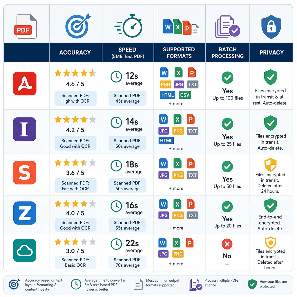 A comparison table infographic for online PDF converters with columns: accuracy, speed, supported fo