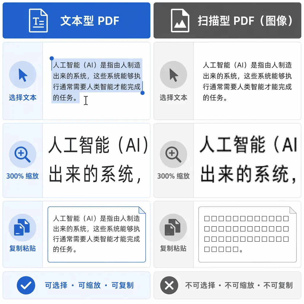 Split-screen infographic comparing text-based PDF vs scanned image PDF, showing selection cursor, 30