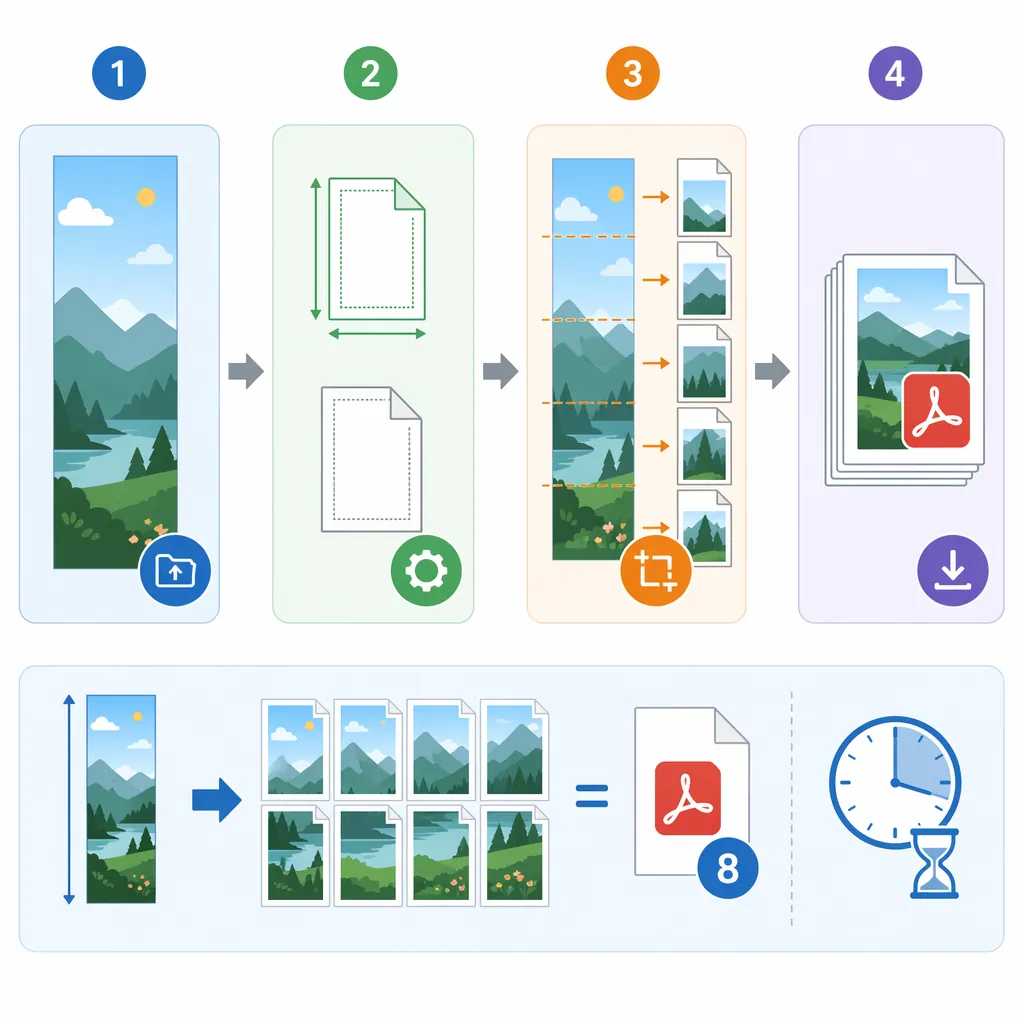Simple 4-step flowchart for converting a long image to multi-page PDF: Import image, Set paper size 