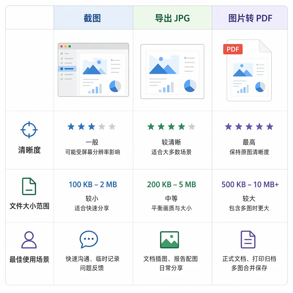 Comparison infographic table with three columns: Screenshot, Export JPG, Images to PDF. Rows: clarit