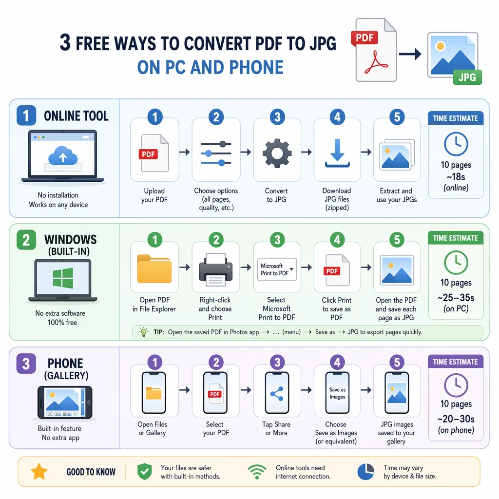 Step-by-step flowchart showing three free methods to convert PDF to JPG on PC and phone, with number