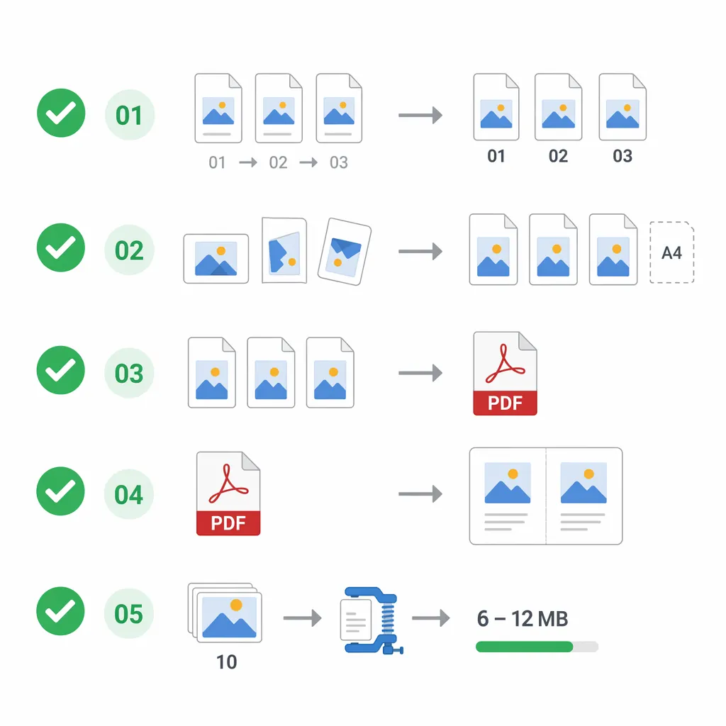Minimal checklist infographic for images-to-PDF workflow: rename 01-02-03, fix orientation to A4 por