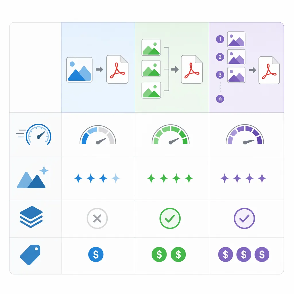 Infographic comparison table of 3 scenarios for converting JPG to PDF: single image, multiple images