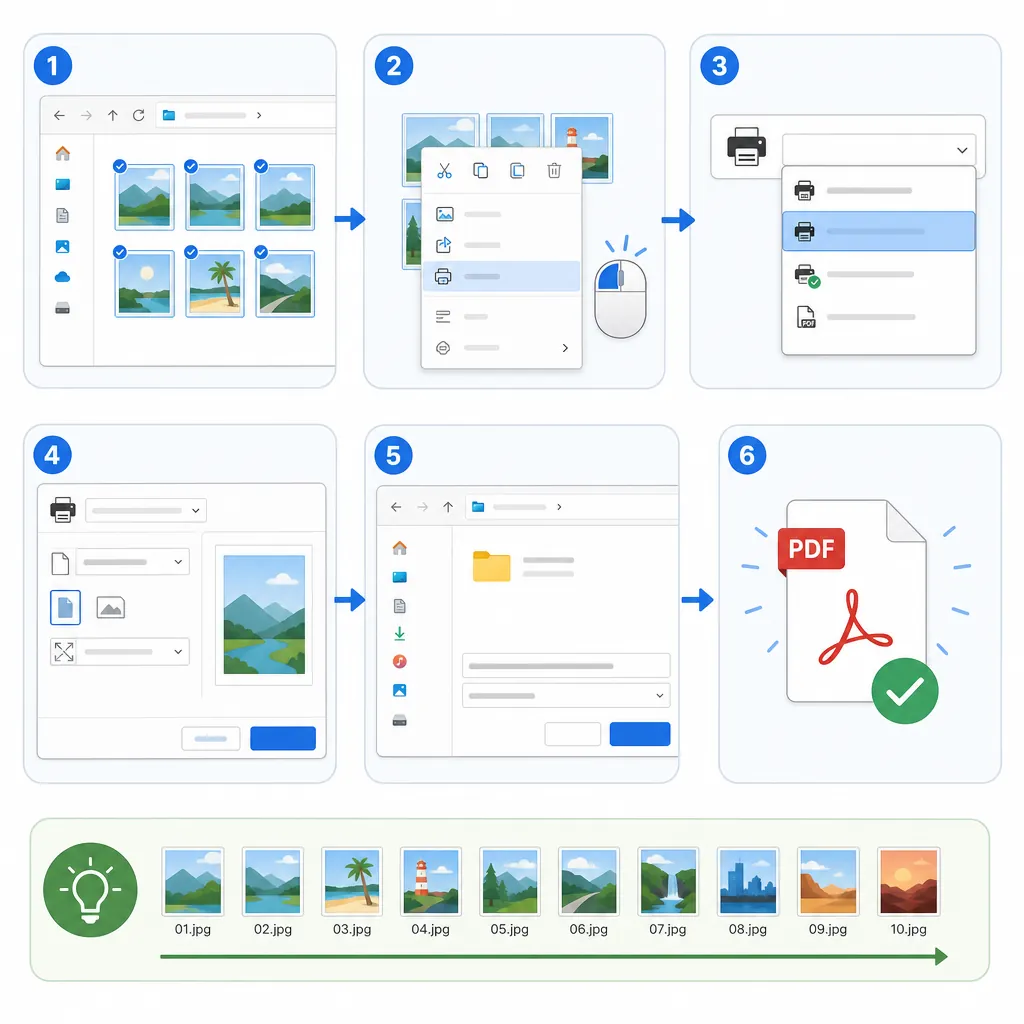 Step-by-step flowchart for Windows JPG to PDF using Print dialog: select images, right-click Print, 