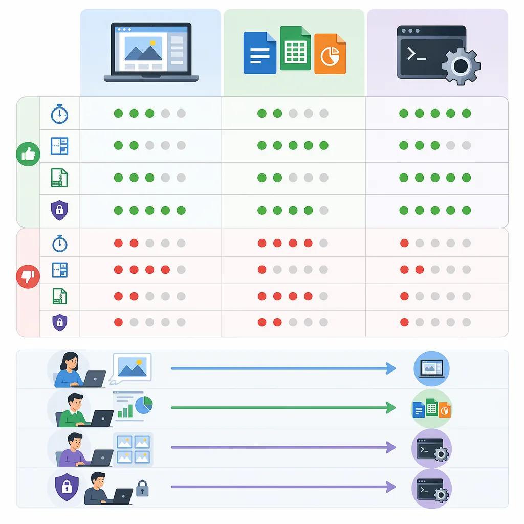 Pros and cons comparison chart for 3 methods (system built-in, office software, batch tool) with ico