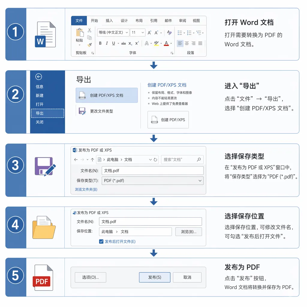 A clean step-by-step flowchart of converting a Word document to PDF using built-in Export/Save As me
