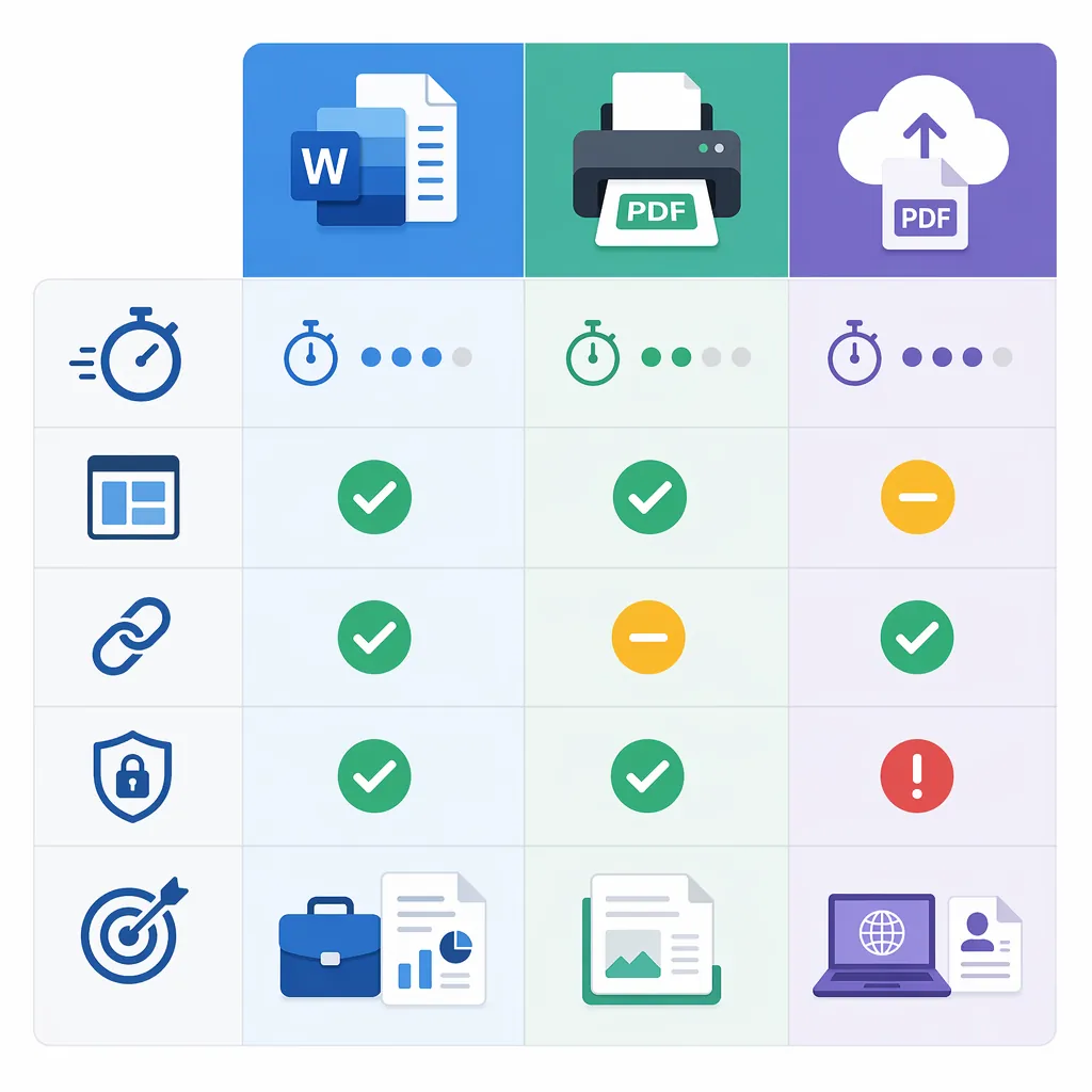 Comparison infographic table with three columns: Word Export to PDF, Print to PDF, Online conversion