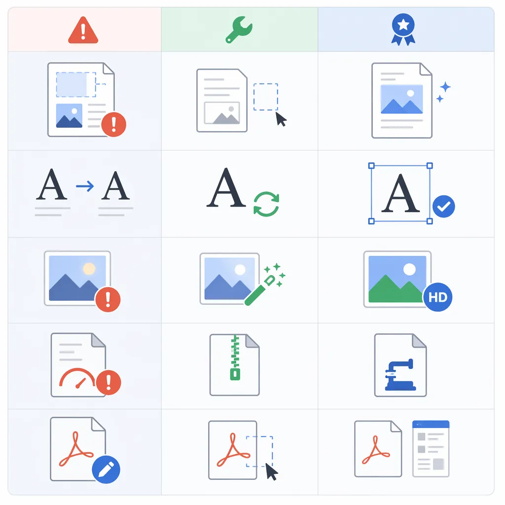 Troubleshooting matrix infographic with 5 rows (layout shift, font change, blurry images, large file