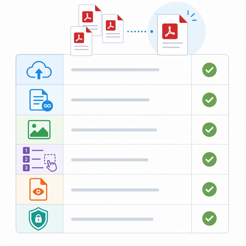 Clean infographic checklist for choosing a PDF merger tool: no installation, page limits, quality re