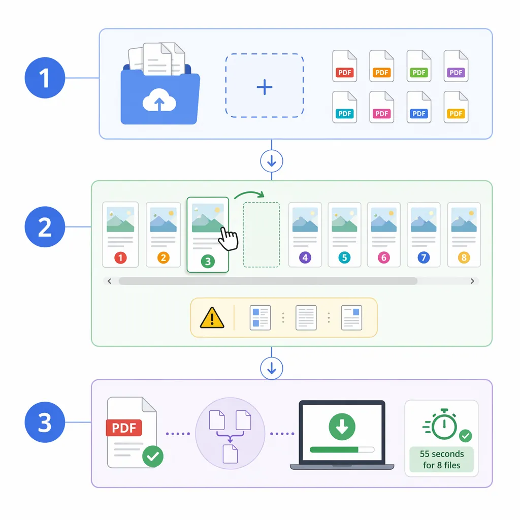 Step-by-step flowchart with 3 nodes: Upload PDFs, Drag to reorder with thumbnails, Merge & Download;
