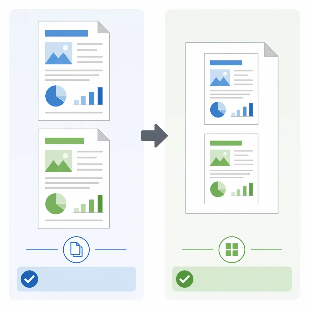 Before-and-after comparison diagram: left shows two separate PDF pages, right shows N-up layout with