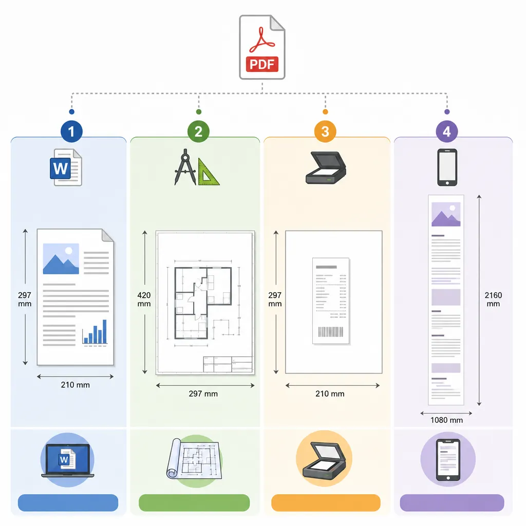 Infographic comparing PDF sources and page sizes: A4 Word export, A3 drawing, scanner receipt with l