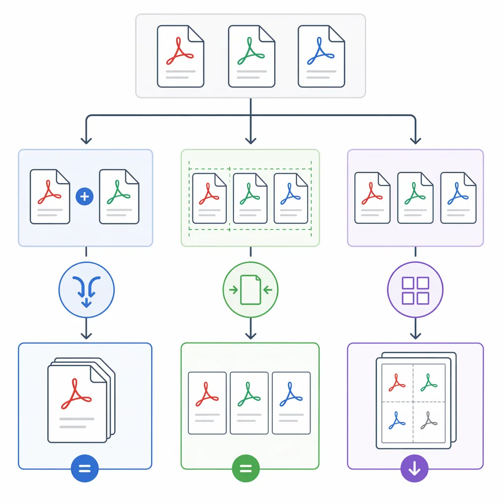 Flowchart comparing three operations: merge PDFs (page count same), unify page size to A4 (layout co