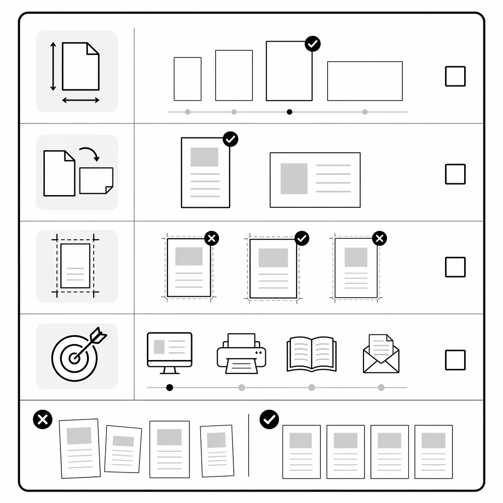 Checklist infographic for PDF merge quality control: page size, orientation, margins/crop, output pu