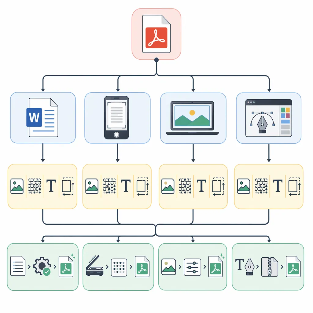 Decision flowchart infographic for why a PDF is large: source types (Word export, phone scan, screen