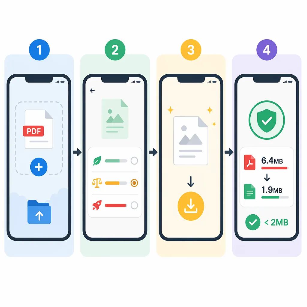 Mobile UI step infographic with 4 panels: import PDF, choose compression level (low/medium/high), ex
