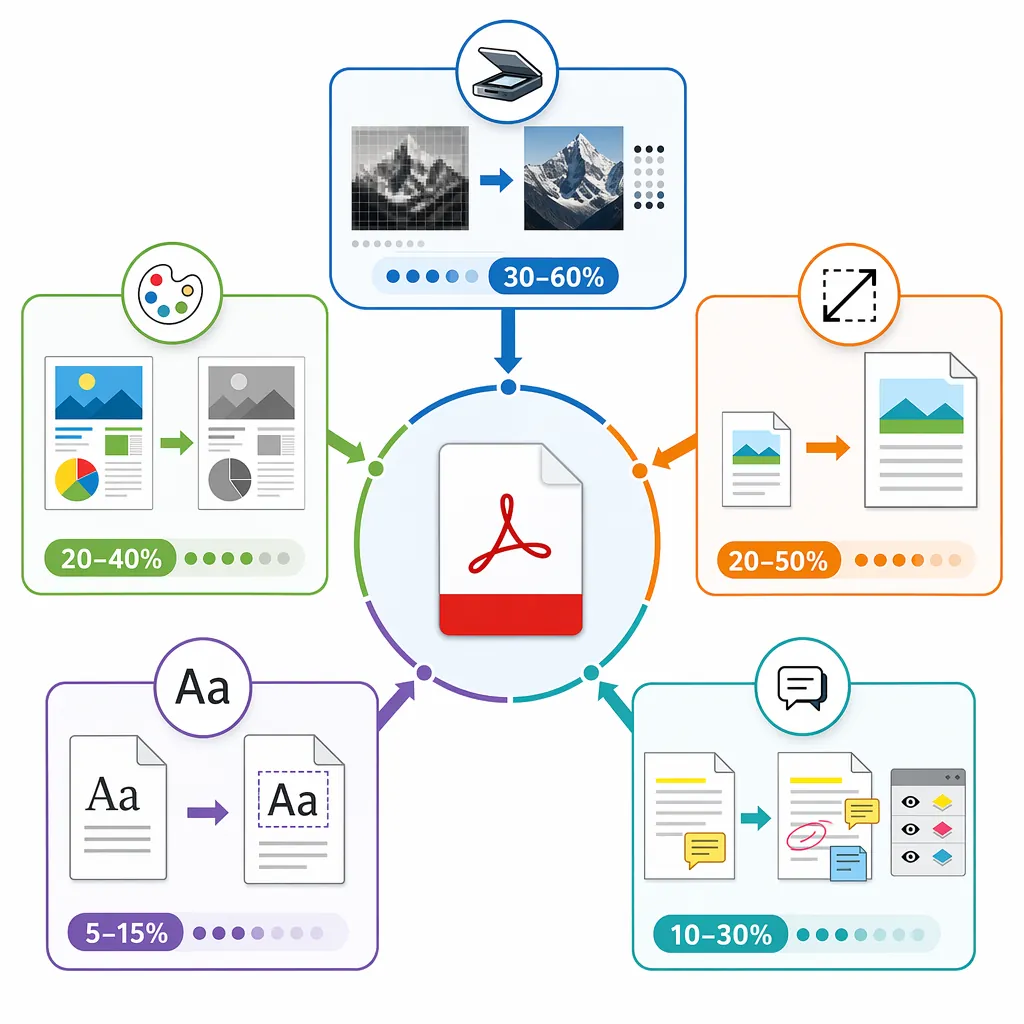 Infographic diagram showing what increases PDF size: high-DPI scanned images, color pages vs graysca