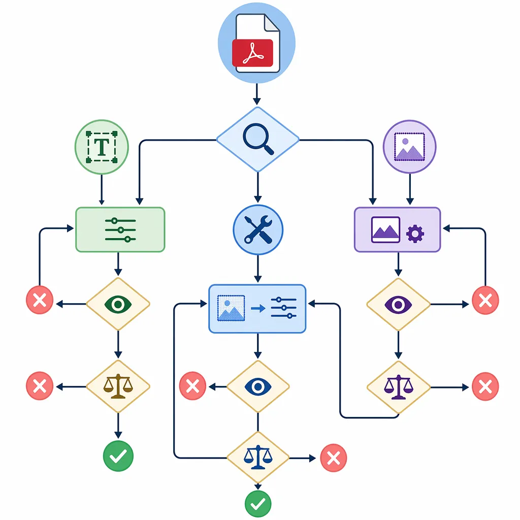 Decision flowchart for compressing PDF to 500KB: identify text vs scanned, choose direct compression