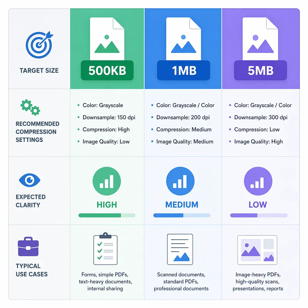 Comparison chart showing target sizes 500KB, 1MB, 5MB with recommended compression settings, expecte