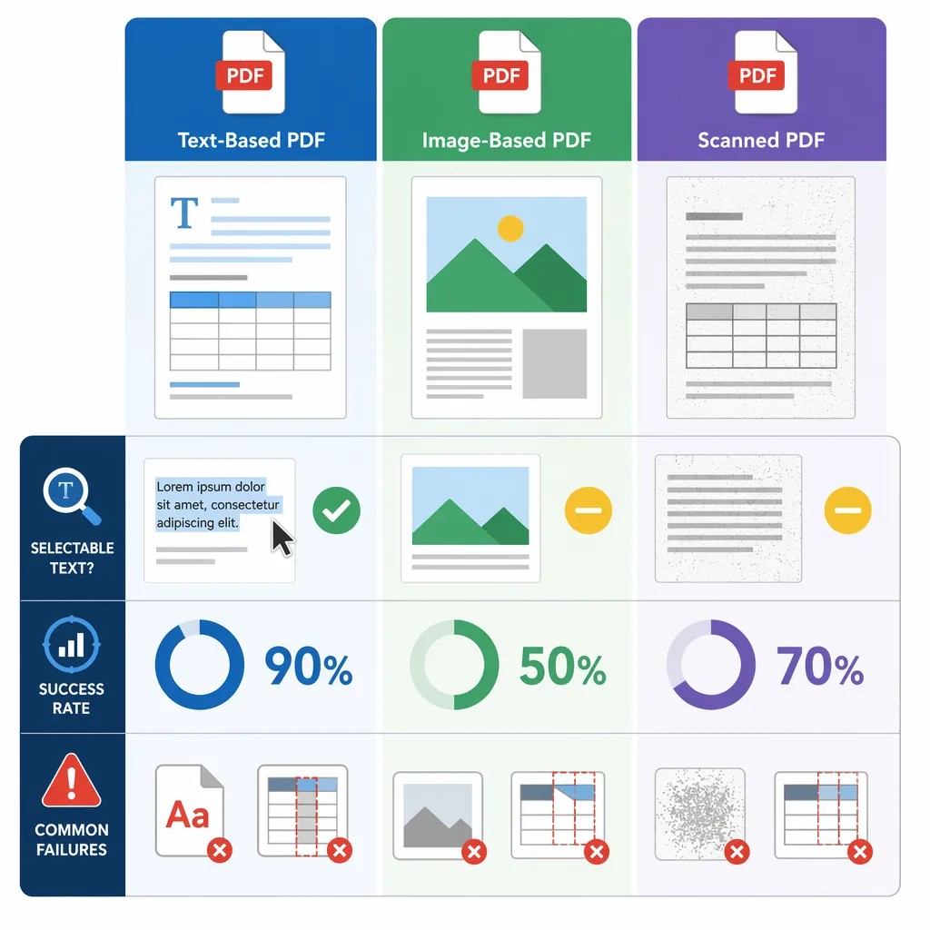 Infographic comparing three PDF types (text-based, image-based, scanned) with a simple “selectable t