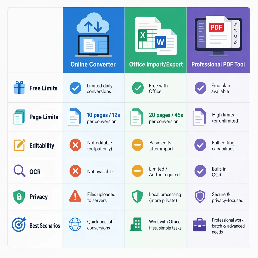 Comparison table graphic with columns: Online Converter, Office Import/Export, Professional PDF Tool