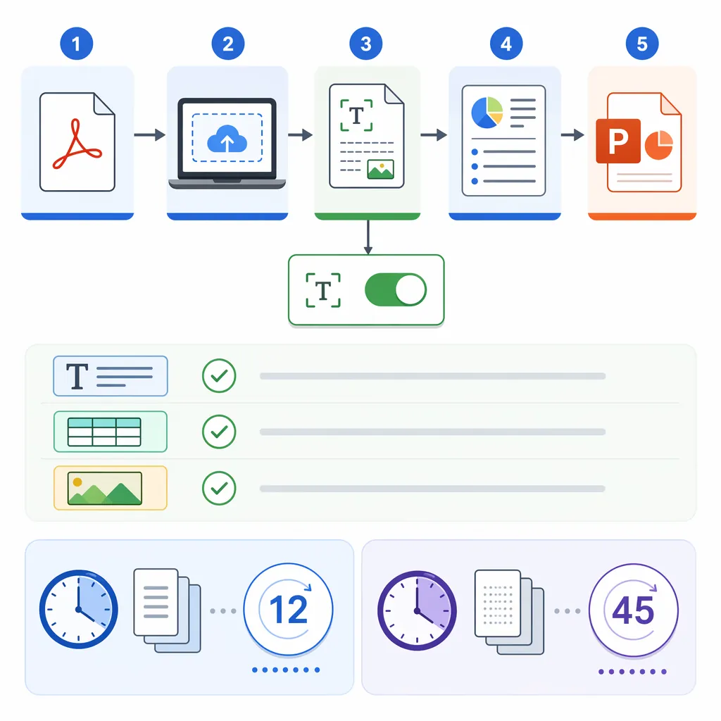 Step-by-step flowchart showing PDF to PPTX conversion with OCR toggle, then a 3-item checklist (titl
