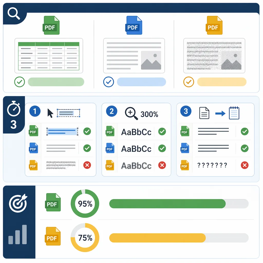 Infographic checklist to identify PDF types (native table, scanned, image-based). Include 3 quick te