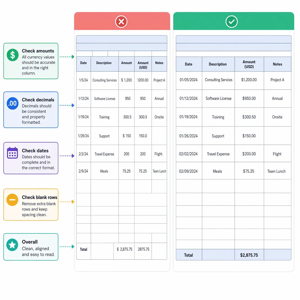 Side-by-side comparison table screenshot mockup: left shows messy converted Excel (shifted columns, 