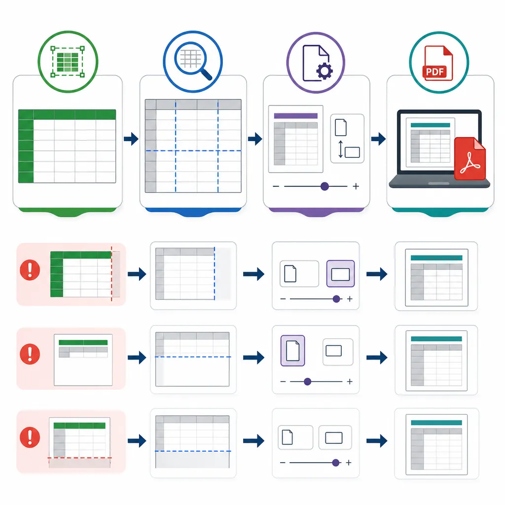 Simple flowchart for Excel to PDF troubleshooting: clear print area -> page break preview (blue line