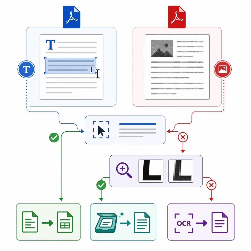 Flowchart infographic comparing text-based PDF vs scanned image PDF with decision steps: try selecti