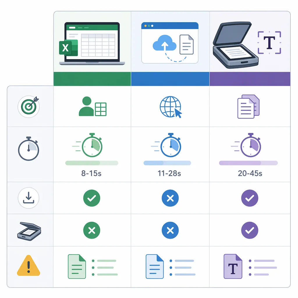 Comparison table infographic of 3 methods (Excel open, Web convert, OCR tool) with columns: best for