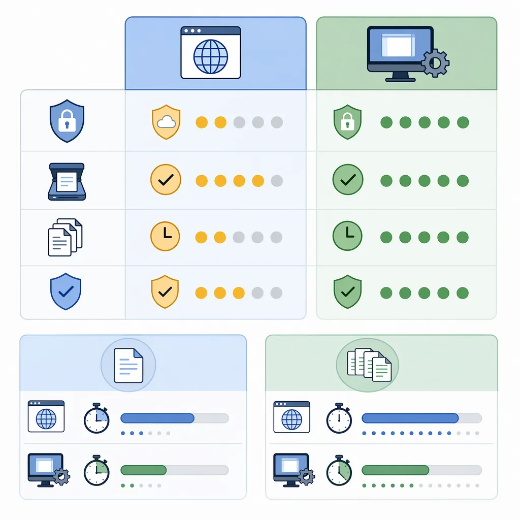 Infographic showing Web vs Desktop software decision matrix with 4 axes (privacy, OCR for scans, bat