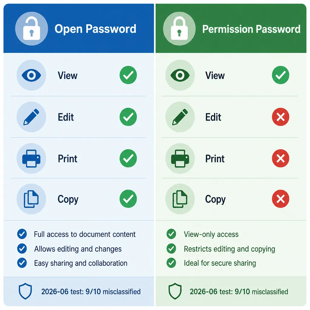 A clean comparison infographic split into two columns: “Open Password” vs “Permission Password”, sho