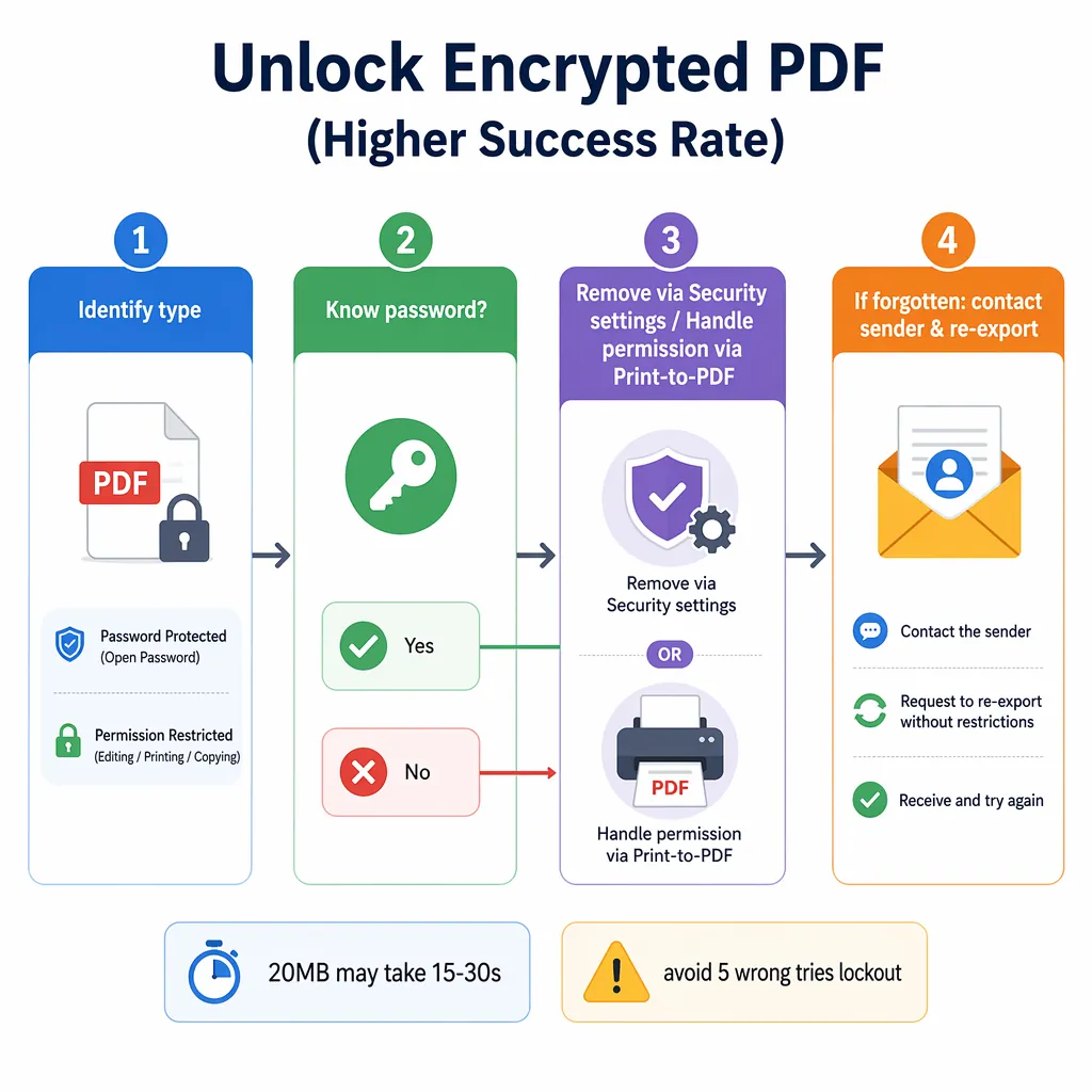 A 4-step flowchart titled “Unlock Encrypted PDF (Higher Success Rate)”, nodes: Identify type → Know 